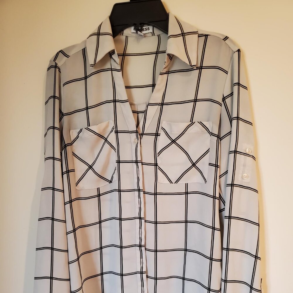 Express Blue Shirt Striped button up V-neck Business Casual Women's XS